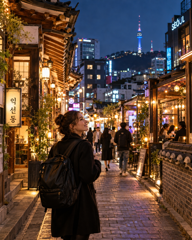 A woman with a backpack strolls through a vibrant, lit street lined with traditional Korean architecture at night, with Seoul Tower visible in the background.