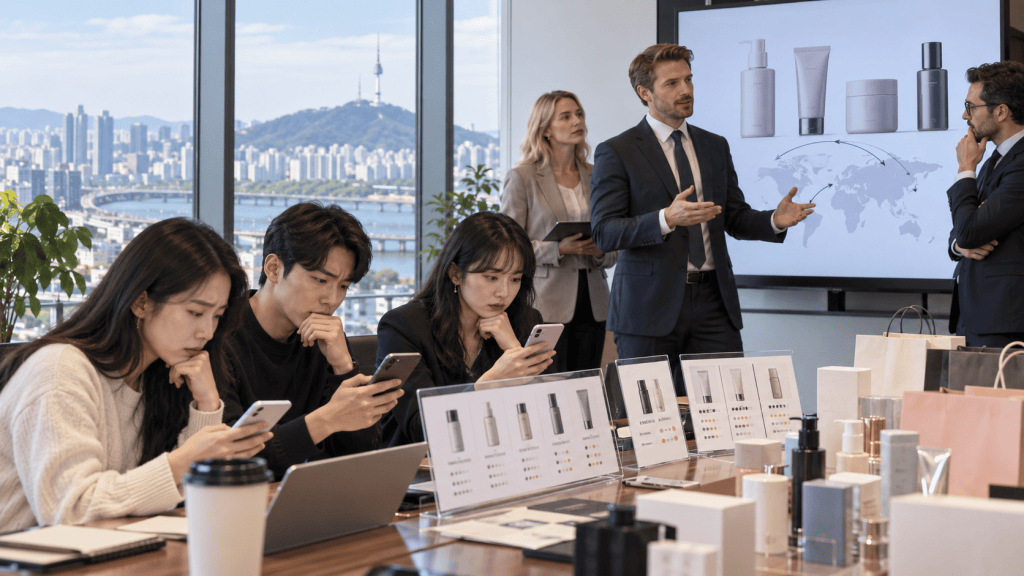 A group of six professionals in a modern conference room, engaged in a meeting with a large presentation screen displaying product images and a world map. Three individuals are focused on their smartphones while others participate in the discussion about beauty products, with various product samples displayed on the table.